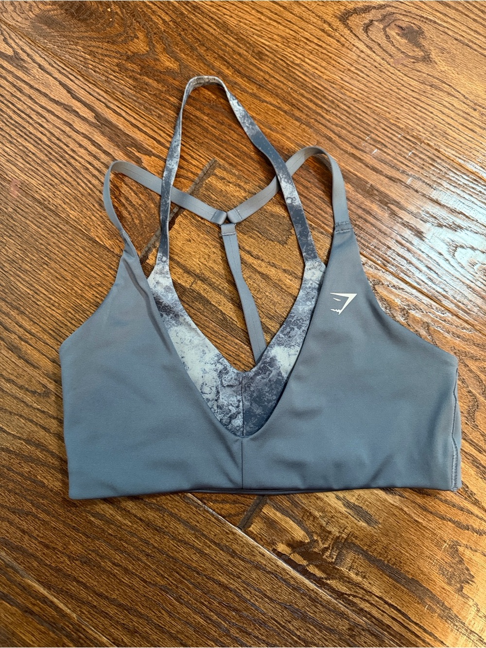 Gymshark Gray Strappy V‑Neck Sports Bra with Marble Print Trim